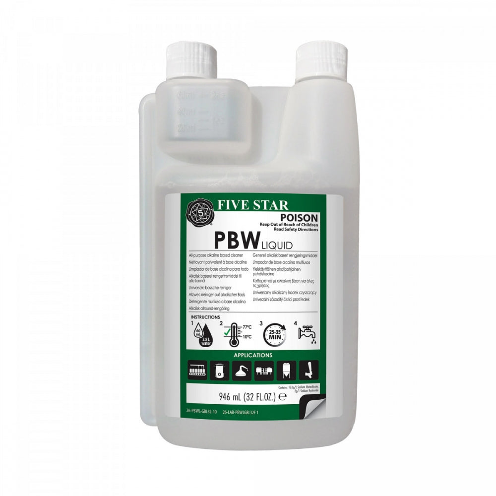PBW Liquid 32oz (9,4dl) rengjøringsmiddel fra Five Star Chemicals leveres i en hvit flaske med to kamre og grønn/hvit etikett. For CIP-applikasjoner og rengjøring av bryggeutstyr. Kun for profesjonelt bruk, klassifisert som farlig.