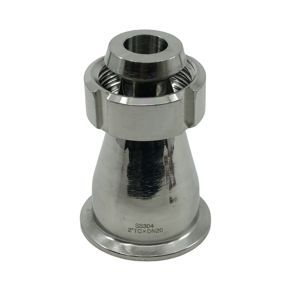 Brewshop Adapter DN20 hunn (DIN 11851) til 2" Tri-Clamp, laget av rustfritt stål SS304, er ideell for hygieniske bruksområder og sikre tilkoblinger med sine flensede og gjengede ender.