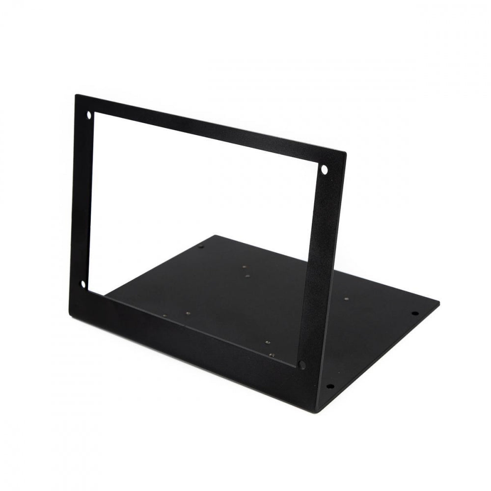 Brewtools Brakett for Brewtools kontrollboks er et svart displaystativ i metall med rektangulær ramme, flat base, skruehull for montering og støtte for VESA 75- og VESA 100-standarder.