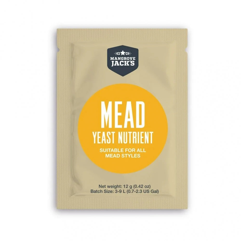 En beige pakke med Mangrove Jacks Mangrove Jack's Mead Nutrient 12g (Gjærnæring for mjød) fra Mangrove Jacks, med informasjon om bruk og dosering. Ideell for optimal gjæring av mjød.