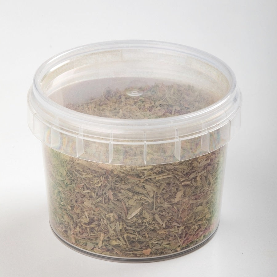 En klar plastbeholder med Enolandia Erba Cipollina-Gressløk (25 g) fylt med tørkede, strimlede grønne urter, vist mot en vanlig hvit bakgrunn.