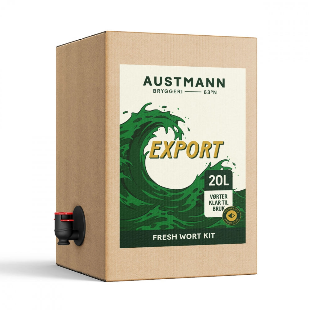 En pappeske merket Austmann Export - 20L Fresh Wort Kit by Austmann, med tappekran og grønn bølgedesign - ideell for hjemmebrygging av din egen Export Pils.