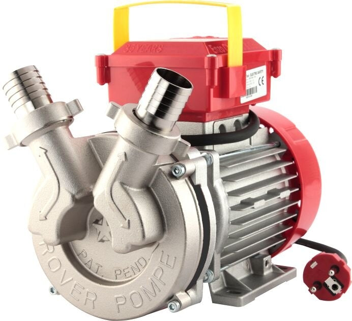 Nærbilde av Novax 30 B Pumpe (5000 l/t) fra Rover Pompe, med metallbeslag, rødt motorhus og rødt strømuttak.