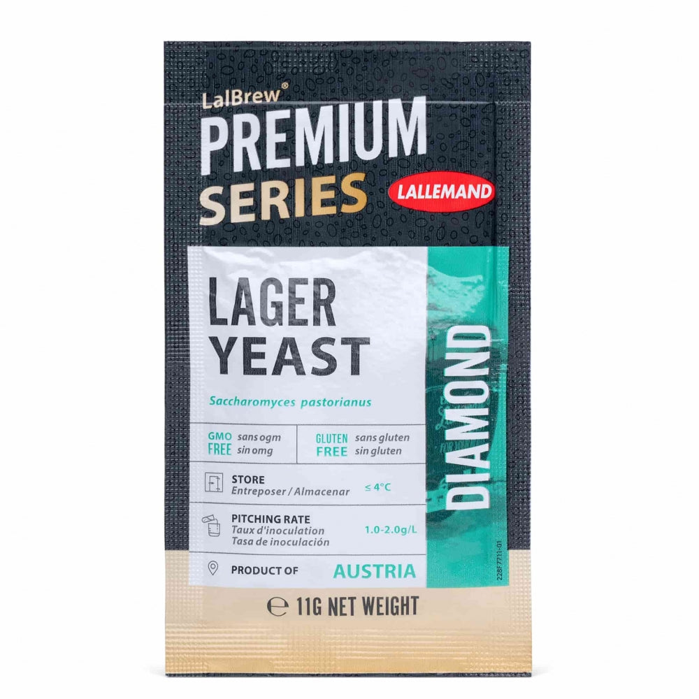 En pakke Lallemand LalBrew Diamond Lager Yeast 11 g - glutenfri, GMO-fri lagergjær fra Østerrike.