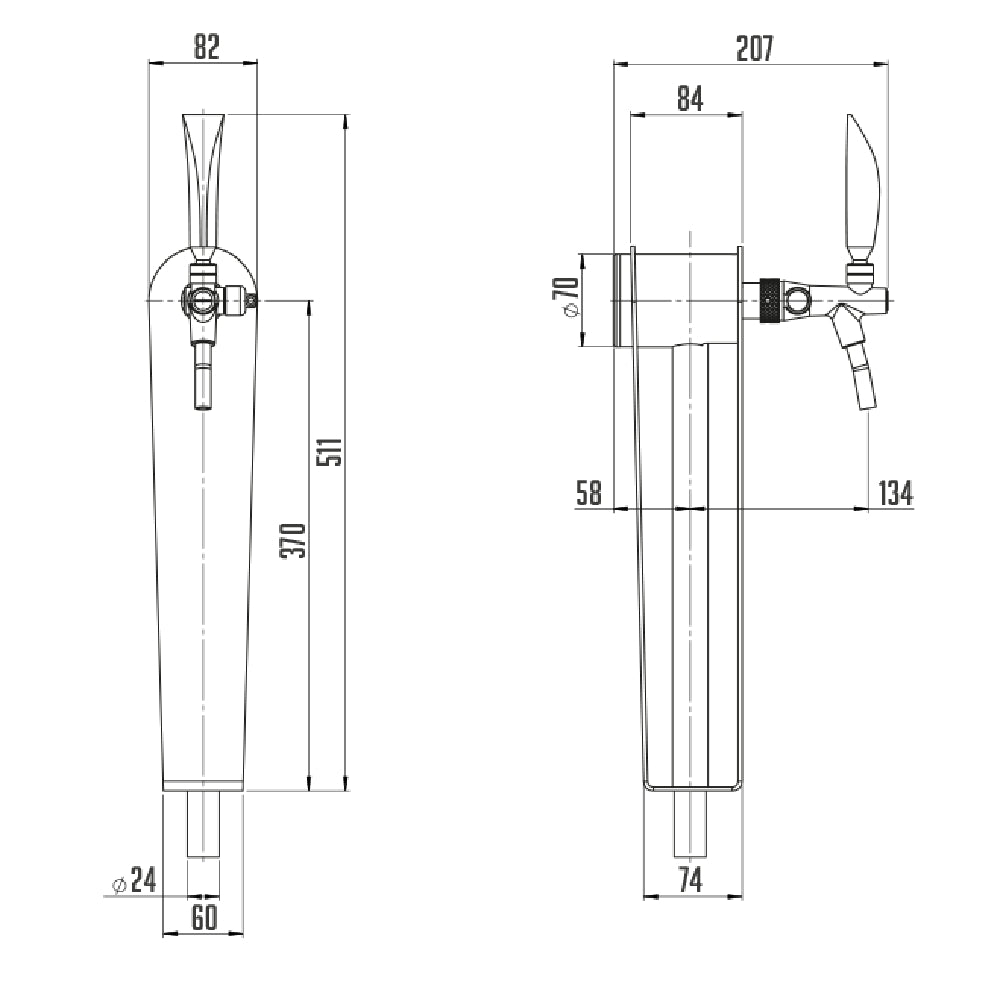 Teknisk tegning av Lindr Naked Tower - Tappetårn fra Lindr, som viser forfra og fra siden med nøyaktige mål i millimeter. Laget av rustfritt stål for varig holdbarhet og et moderne utseende.