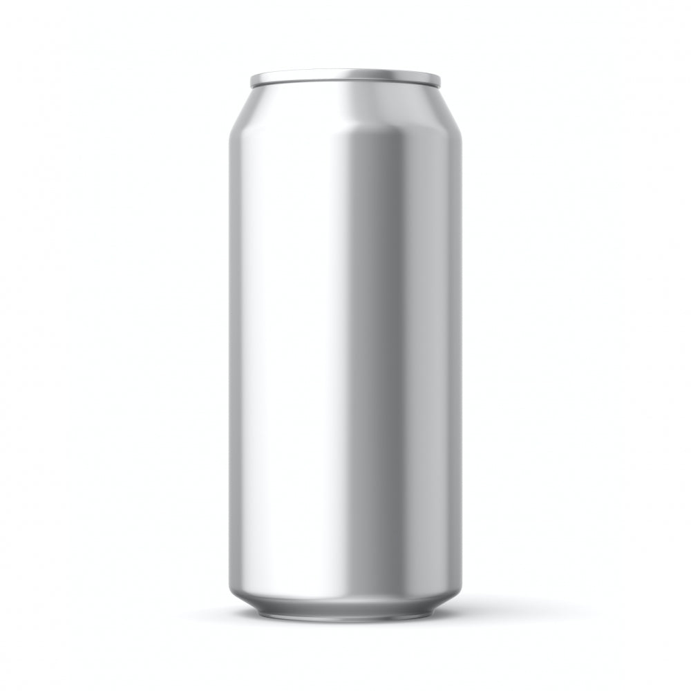En Canpack 440 ml ølboks sølv - Hel pall (5850 stk) står oppreist på en hvit bakgrunn; det er en enkel, sølvfarget drikkevareboks av aluminium i standardstørrelse.