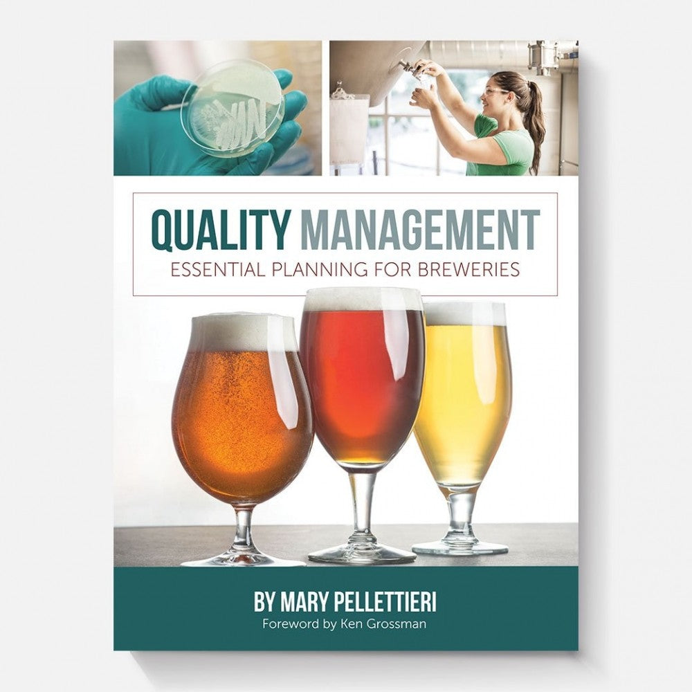 Bokomslaget til "Quality Management: Essential Planning for Breweries" av Brewshop har tre ølglass, bilder av laboratorietester og en kvinne i et bryggeri - en perfekt guide til kvalitetsstyring i håndverksbryggerier.