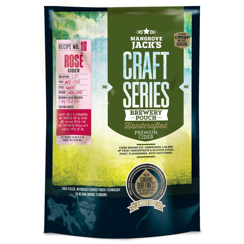 Mangrove Jacks Craft Series Rose Cider ekstraktsett 2,4kg inneholder førsteklasses håndlaget rosécider med produktdetaljer og oppskriftsinfo på forsiden. Forbedre cideren din med Mangrove Jacks anbefalte cider- og ciderforsterkertips.