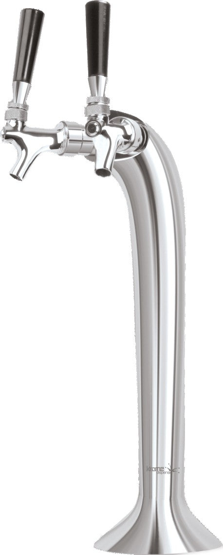 Cobra tappetårn for 2 kraner fra Krome Dispense er et tappetårn i rustfritt stål med to elegante spaker med svart håndtak for enkel tapping av drikke.