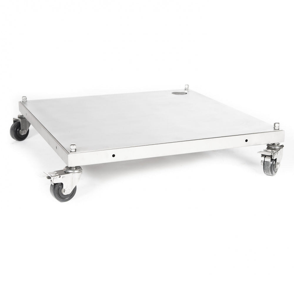 Brewtools Troll, Lav ramme med plate, er en flat, firkantet plattform i rustfritt stål AISI 304 med fire hjul for transport av tunge gjenstander - perfekt til bruk i et bryggeanlegg.