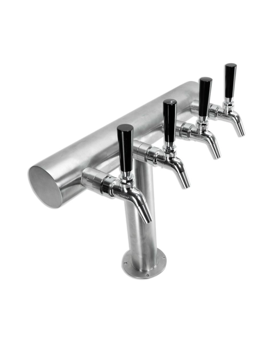 UltraT FasTap Tappetårn sett med 4 kraner fra Keg King - rustfritt stål, sorte håndtak og rund base. Perfekt for kegerator, avbildet mot hvit bakgrunn.