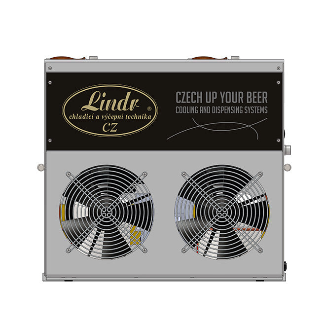 Frontbilde av ølkjøleren Lindr KONTAKT 300 Twin Power Green Line (Bestillingsvare) fra Lindr, med to store vifter, merkevarelogo og slagordet "Czech Up Your Beer" på frontpanelet.