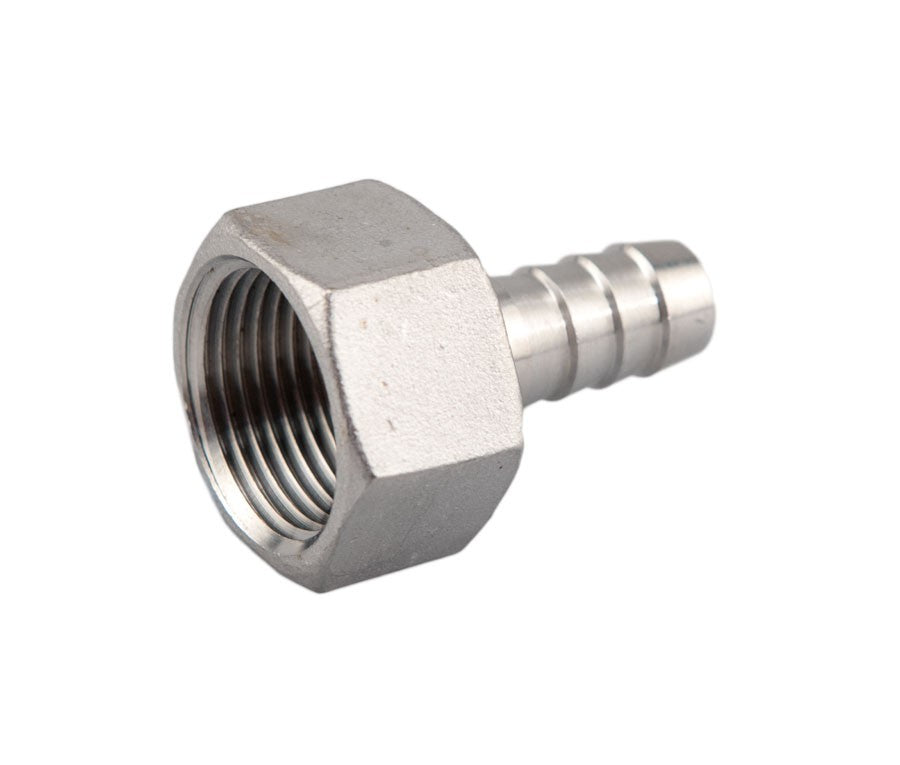 Brewshop Slangenippel hunn 3/4" BSP x 1/2" er en 304 rustfritt stål slangestussadapter med sekskantet gjenget ende og riflet munnstykke for tilkobling av fleksible slanger.