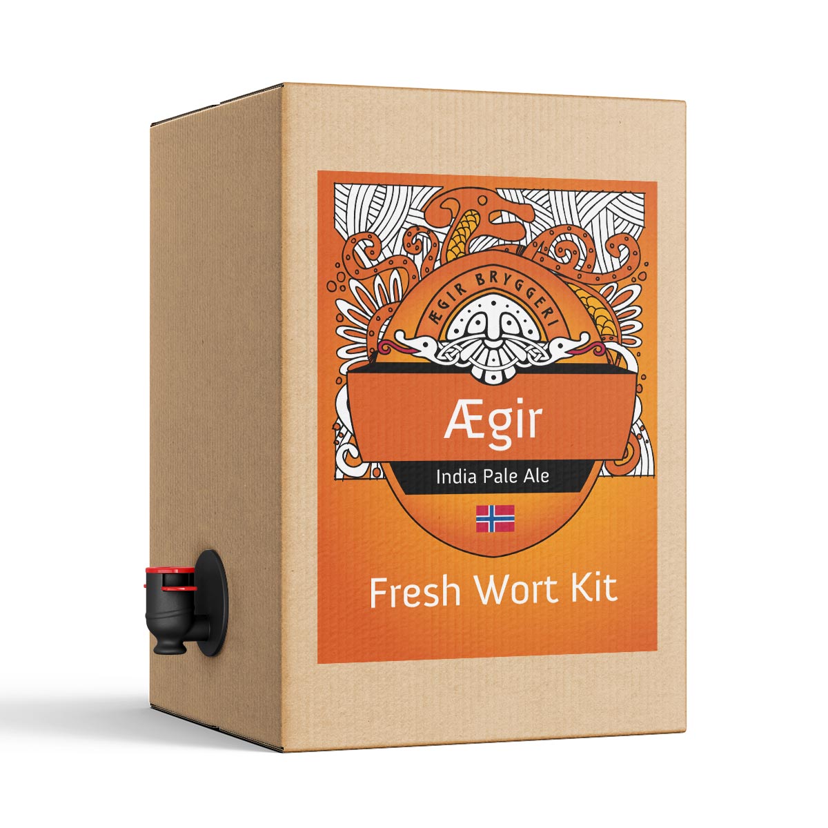 En pappeske merket Ægir IPA - 20L Fresh Wort Kit, med et oransje og hvitt design, det islandske flagget og en kran til venstre - produsert av Ægir i samarbeid med Amundsen Bryggeri.