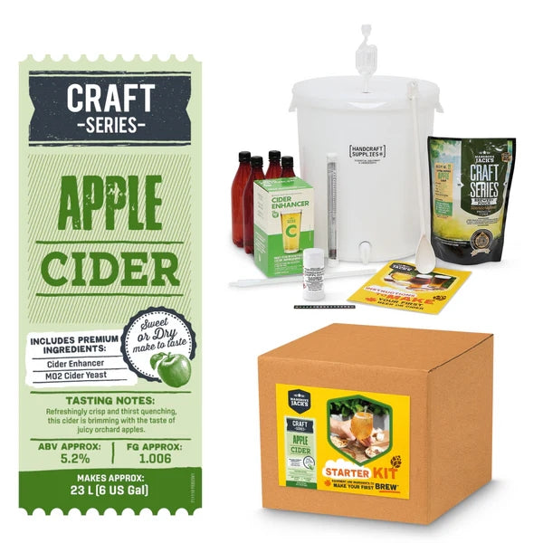 Mangrove Jack's Apple Cider Starter Kit - komplett startsett fra Mangrove Jacks - inkluderer alt bryggeutstyr, eplecider-ingridienser og enkle instruksjoner i en detaljert brun eske. Perfekt for å lage din egen cider hjemme!.