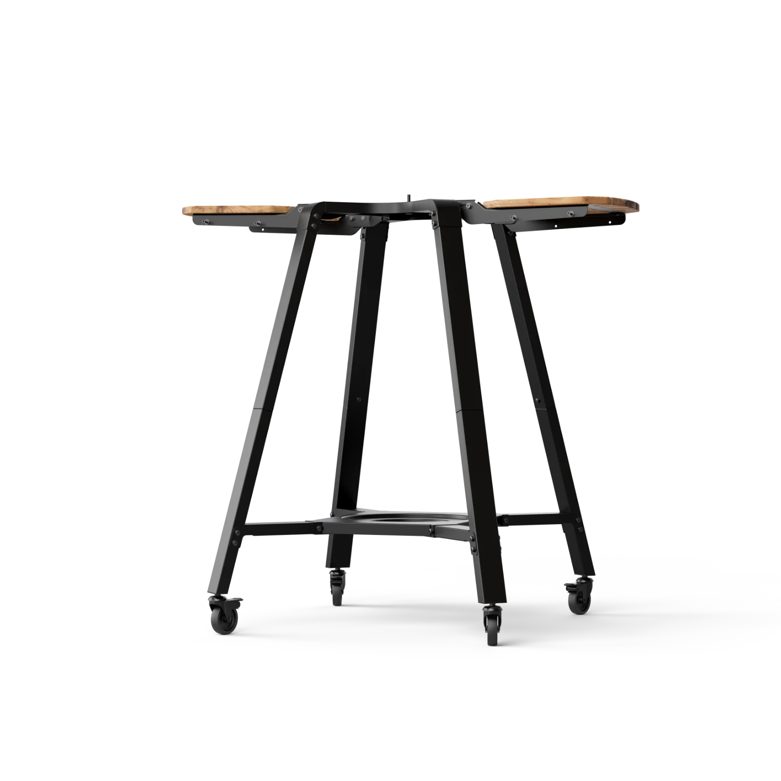 Gozney Arc + Arc XL Stand - Stativ til pizzaovn fra Gozney er en svart verktøyvogn i metall med fire hjul og en flat tretopp, ideell for utendørs pizzabaking, avbildet mot en vanlig hvit bakgrunn.