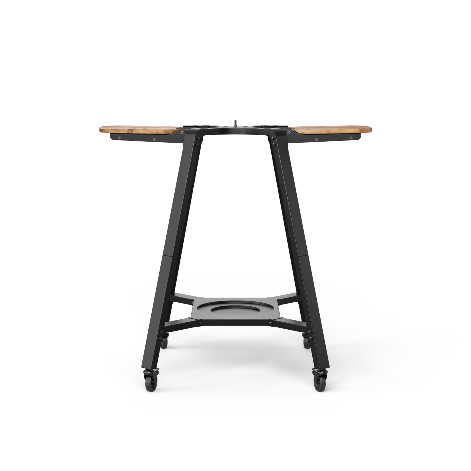 Gozney Arc + Arc XL Stand, et svart metallstativ for pizzaovn fra Gozney, har sidehyller i tre, fire hjul og et nedre oppbevaringsstativ - perfekt for utendørs pizzabaking - på en enkel, hvit bakgrunn.