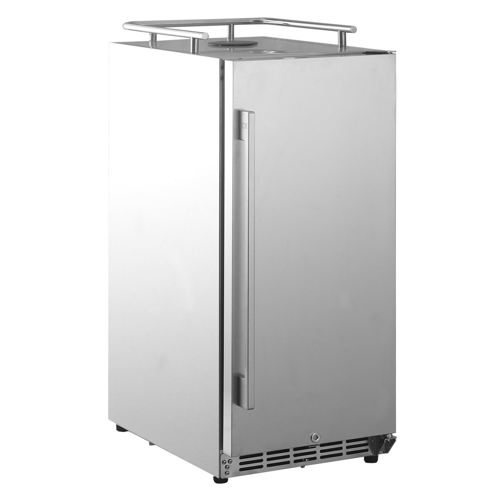 HCK Kegerator Slim Line 15" er et rustfritt stål, oppreist utendørskjøleskap med vertikalt håndtak, ventilasjon i bunnen og en flat topp med rekkverk - ideelt for å komplettere slim line-kjøleskapet ditt.