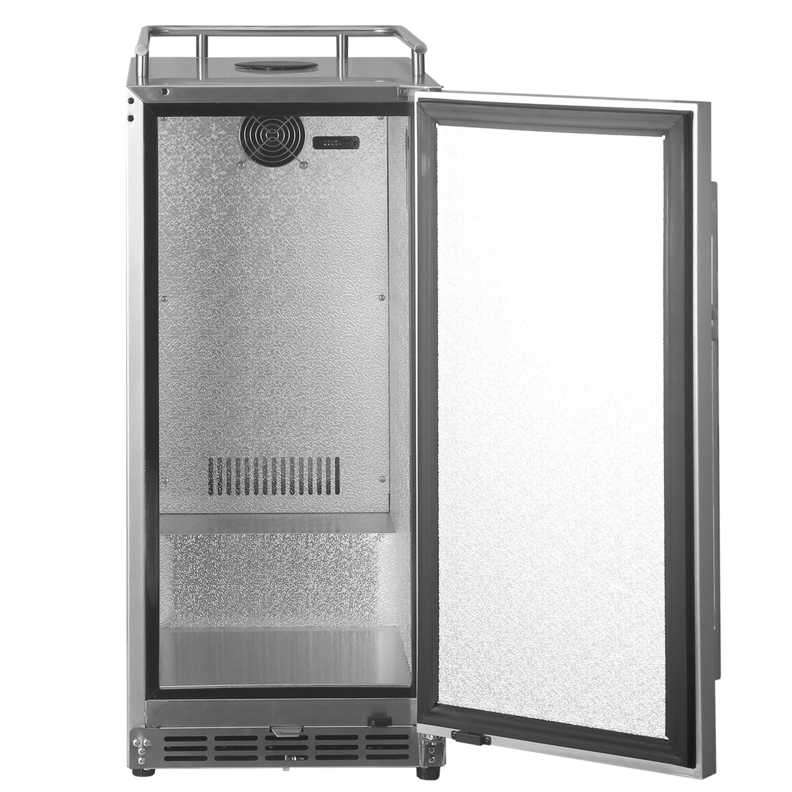 HCK Kegerator Slim Line 15" - Kun kjøleskap er vist med åpen dør i rustfritt stål, med tomme innvendige hyller og et ventilert bakpanel.