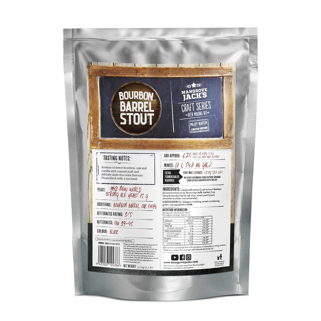 Craft Series Bourbon Barrel Stout (Limited Edition) ekstraktsett 2,5 kg fra Mangrove Jack's har smaksnotater, bryggeinstruksjoner og en ingrediensliste på sølvposen - perfekt for hjemmebryggentusiaster.
