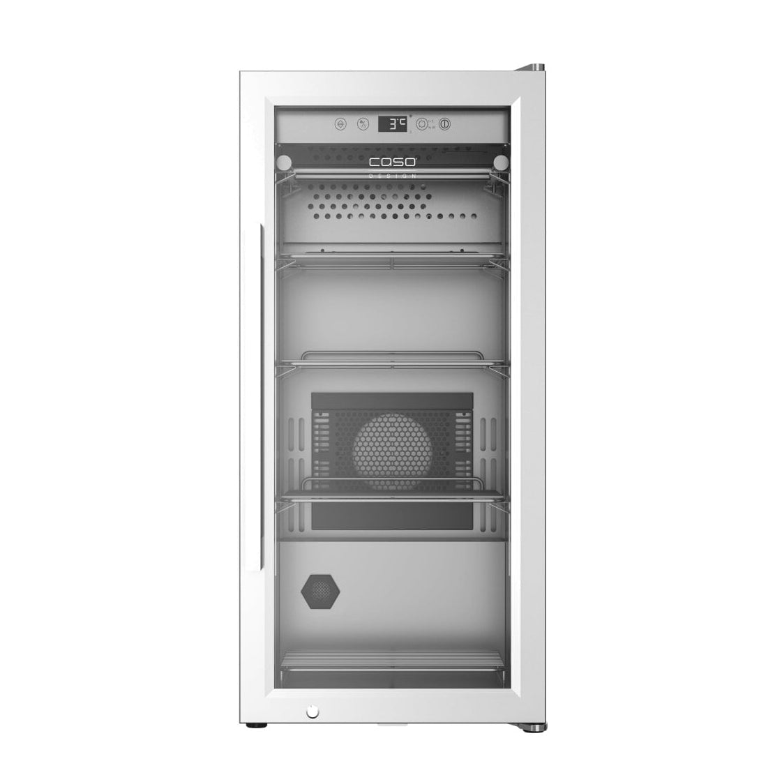 En kompakt vinkjøler i rustfritt stål med glassdør, digitalt display og tre synlige hyller – perfekt utformet for å passe sammen med hvitevarer som Caso DryAged Master 63 tørrmodningsskap, og skape et harmonisk og elegant kjøkken.