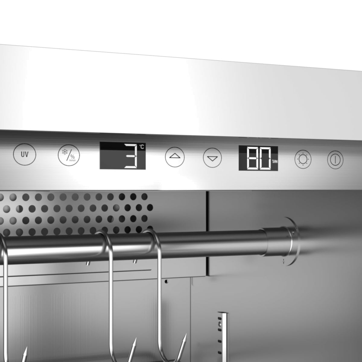Caso DryAged Master 125 tørrmodningsskap har et kontrollpanel i rustfritt stål med digitale displayer som viser 3 °C og 80 minutter, knapper og en stang med kroker under – perfekt egnet til å overvåke og styre tørrmodningsprosessen.