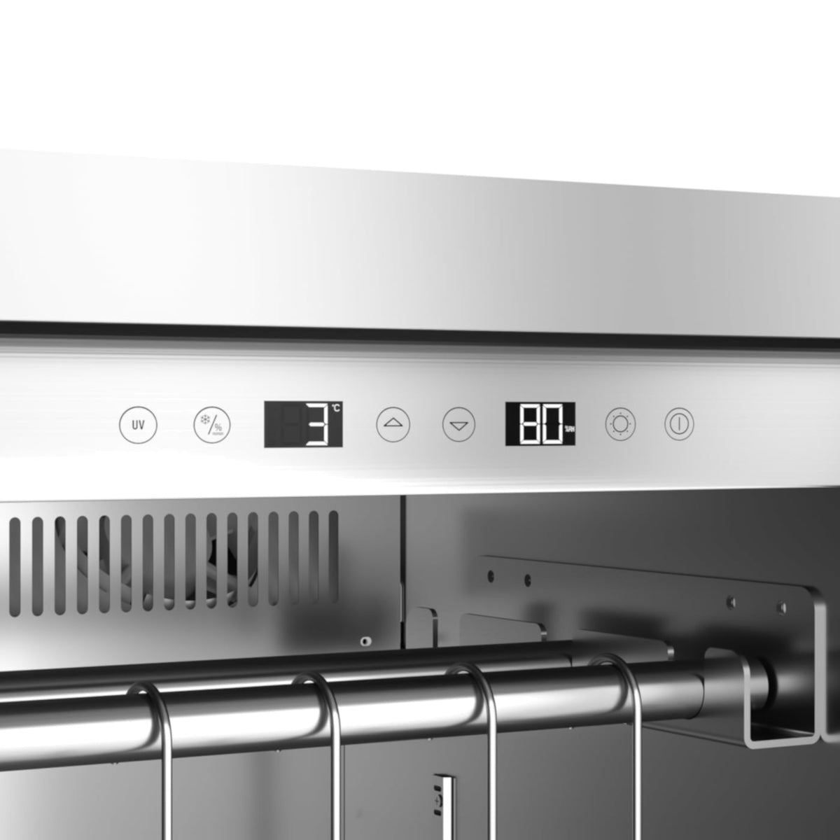 Nærbilde av det digitale kontrollpanelet på Caso DryAged Master 380 Pro tørrmodningsskap 380L, som viser en temperatur på 3 °C og en tidtaker innstilt på 80 minutter, med berøringsknapper og LED-indikatorer for presis styring av tørrmodningen.