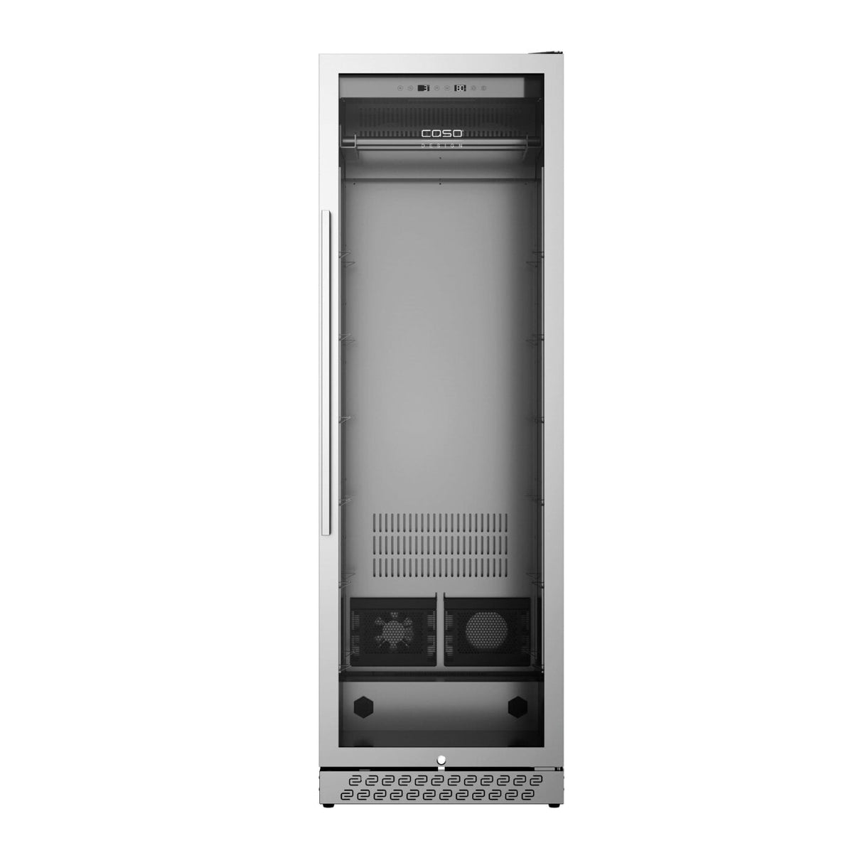 Caso DryAged Master 380 Pro tørrmodningsskap 380 l – høyt skap i rustfritt stål med én dør og glassfront, tomt innvendig, ventilasjonsgitter og et kontrollpanel nederst; også ideelt som tørrmodningsskap for kjøtt (kjøttmodningsskap) i tillegg til oppbevaring av vin.