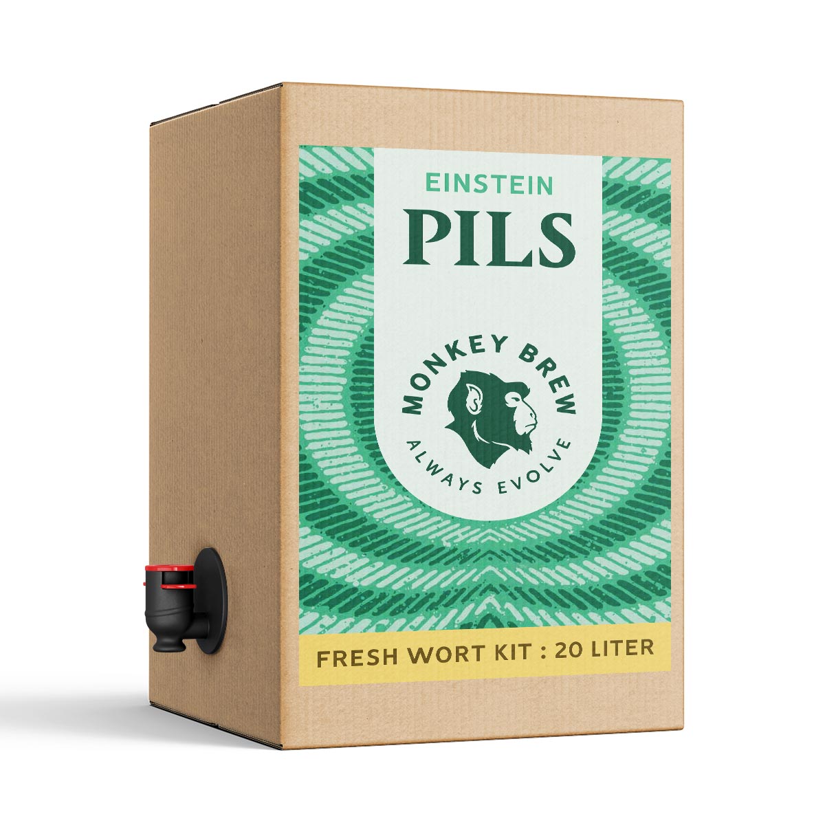 Monkey Brew Einstein Pils - 20L Fresh Wort Kit kommer i en grønn eske med en tut nederst til venstre, ideell for utdeling av denne sprø pilsneren eller for hjemmebrygging av ditt eget øl.
