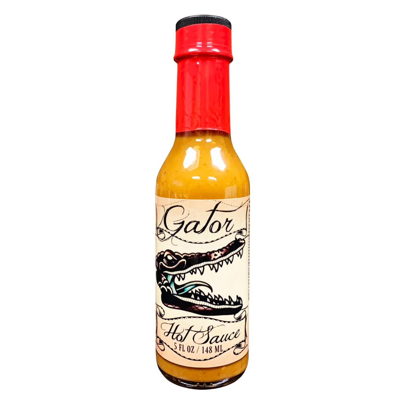 En 148 ml (5 fl oz) flaske med Extra Hot Gator Sauce fra PuckerButt Pepper Company, med rødt lokk, en illustrert alligator på etiketten og Pepper X-merkevare for en brennende sterk sausopplevelse.