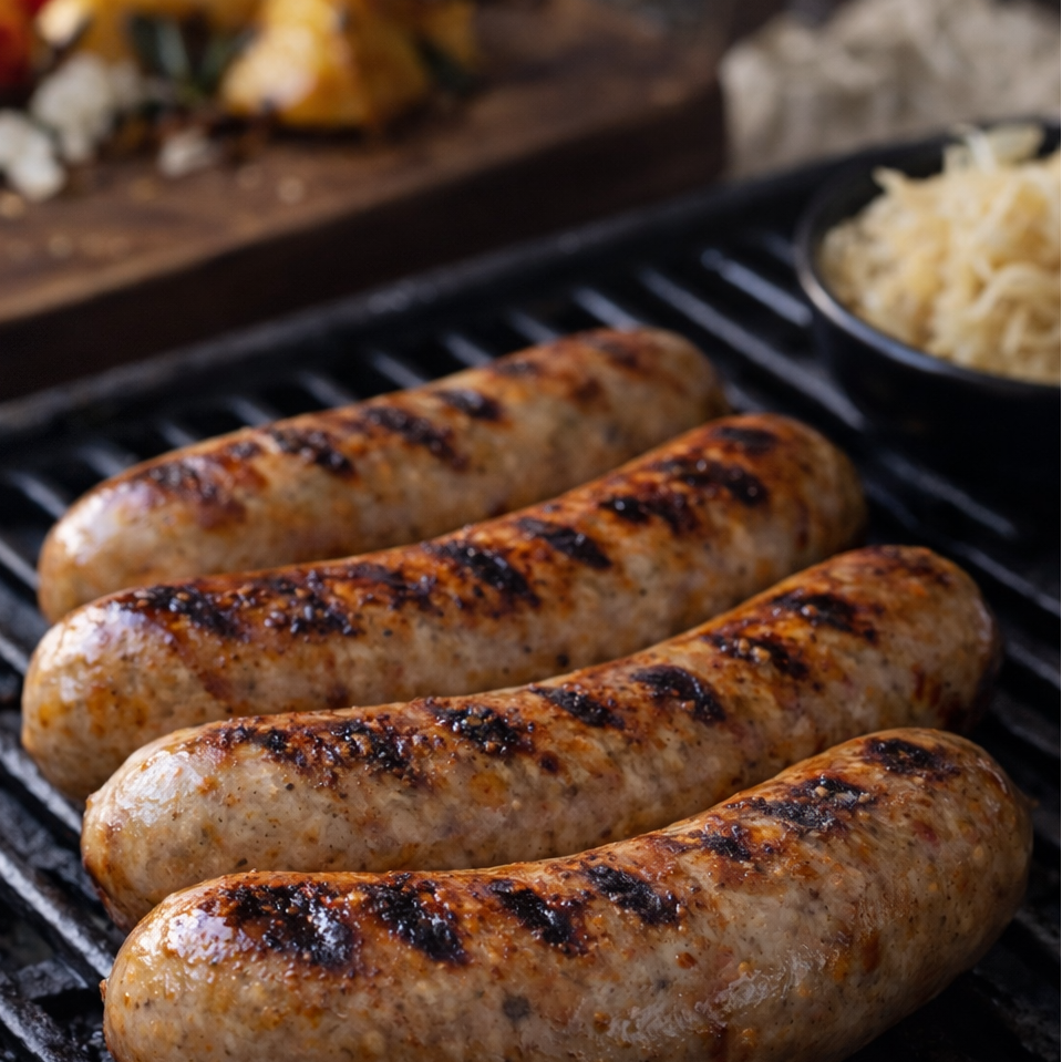 Fire Bratwurst med fenikkel - 0,6kg (Trondheim Slaktehus) med røyemerker syder på grillen, akkompagnert av et lite fat med surkål i bakgrunnen.