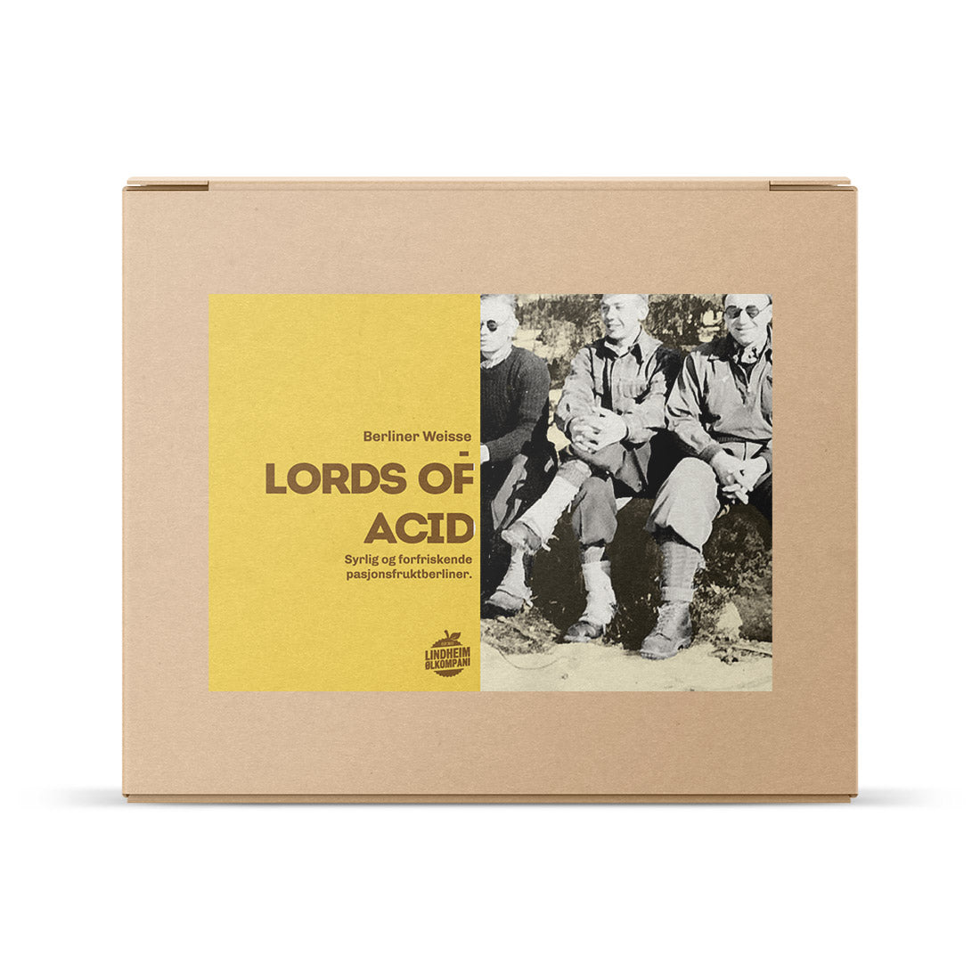 En pappeske med et vintage svart-hvitt-foto av sittende mennesker og en gul etikett med teksten "Lindheim Lords of Acid - Berlinerweisse - allgrain ølsett" fra Brewshop.