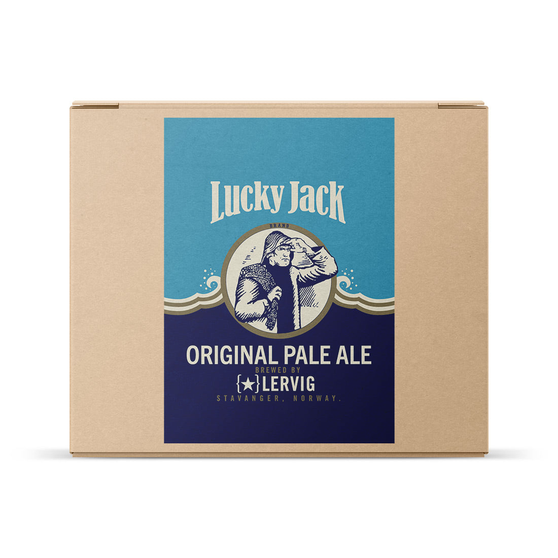 En pappeske med blå etikett viser Brewshop Lervig Lucky Jack Original Pale Ale allgrain ølsett, med en illustrert mann som gjør honnør og brygget i Stavanger, Norge.
