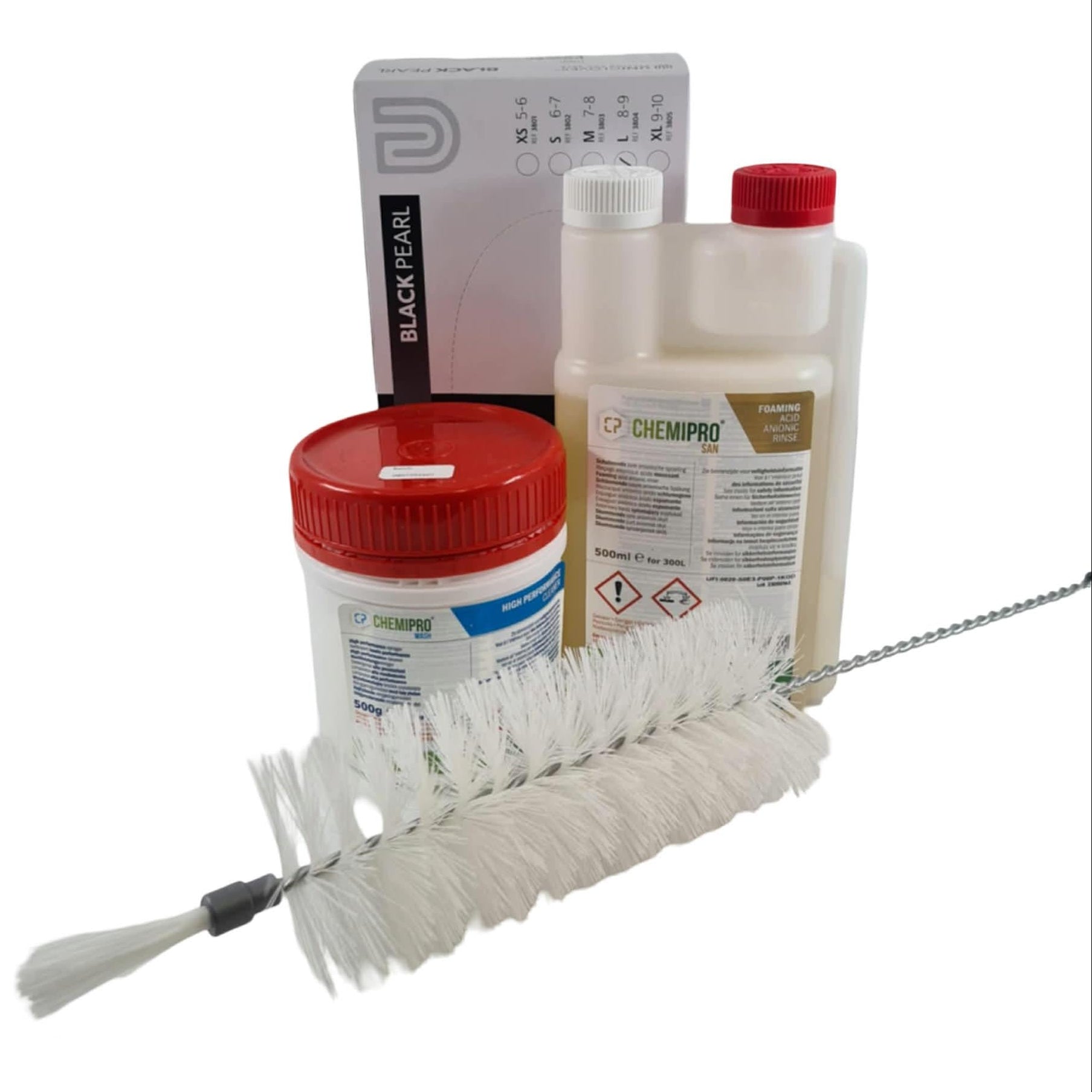 Brewshop Rengjøring Basic Startsett inneholder en flaskebørste, plastkrukke, flaske med rengjøringsmiddel og hydrometer i en hvit eske - ideelt for desinfisering av flasker under hjemmebrygging.