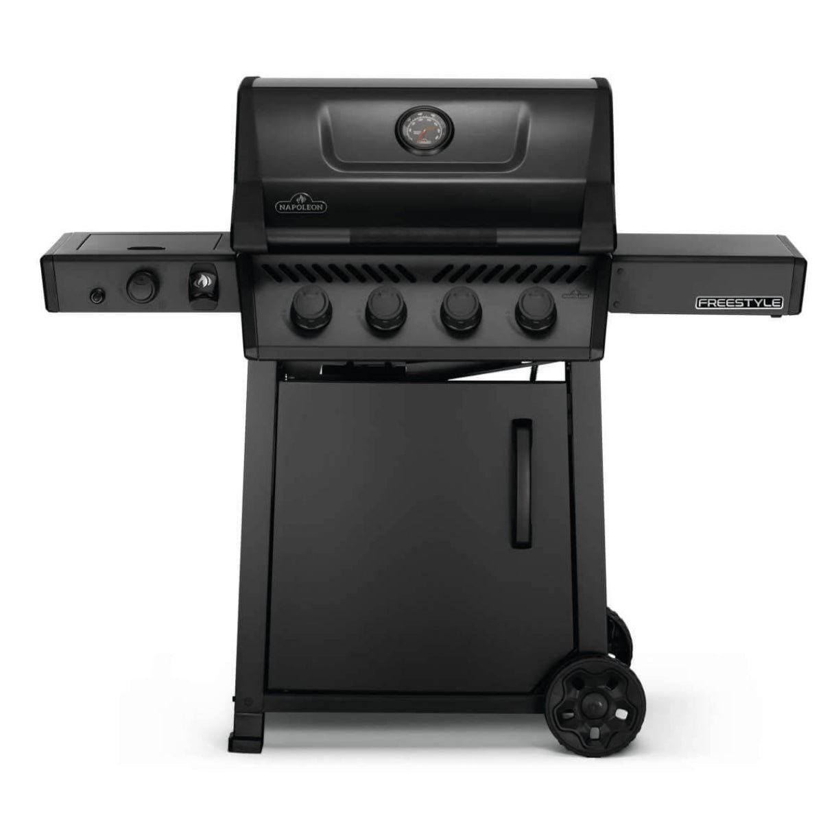 Napoleon Phantom Freestyle 425 Gassgrill har fire kontrollbrytere, lokk med termometer, to sidehyller, hjul for enkel flytting og infrarøde sidebrenner for allsidig utematlaging.