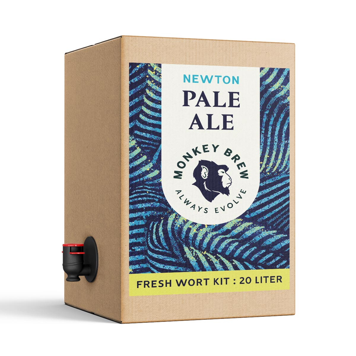 Monkey Brew Newton Pale Ale - 20L Fresh Wort Kit fra Monkey Brew kommer i en pappeske med blått mønster og svart kran, slik at du enkelt kan brygge din egen pale ale hjemme.