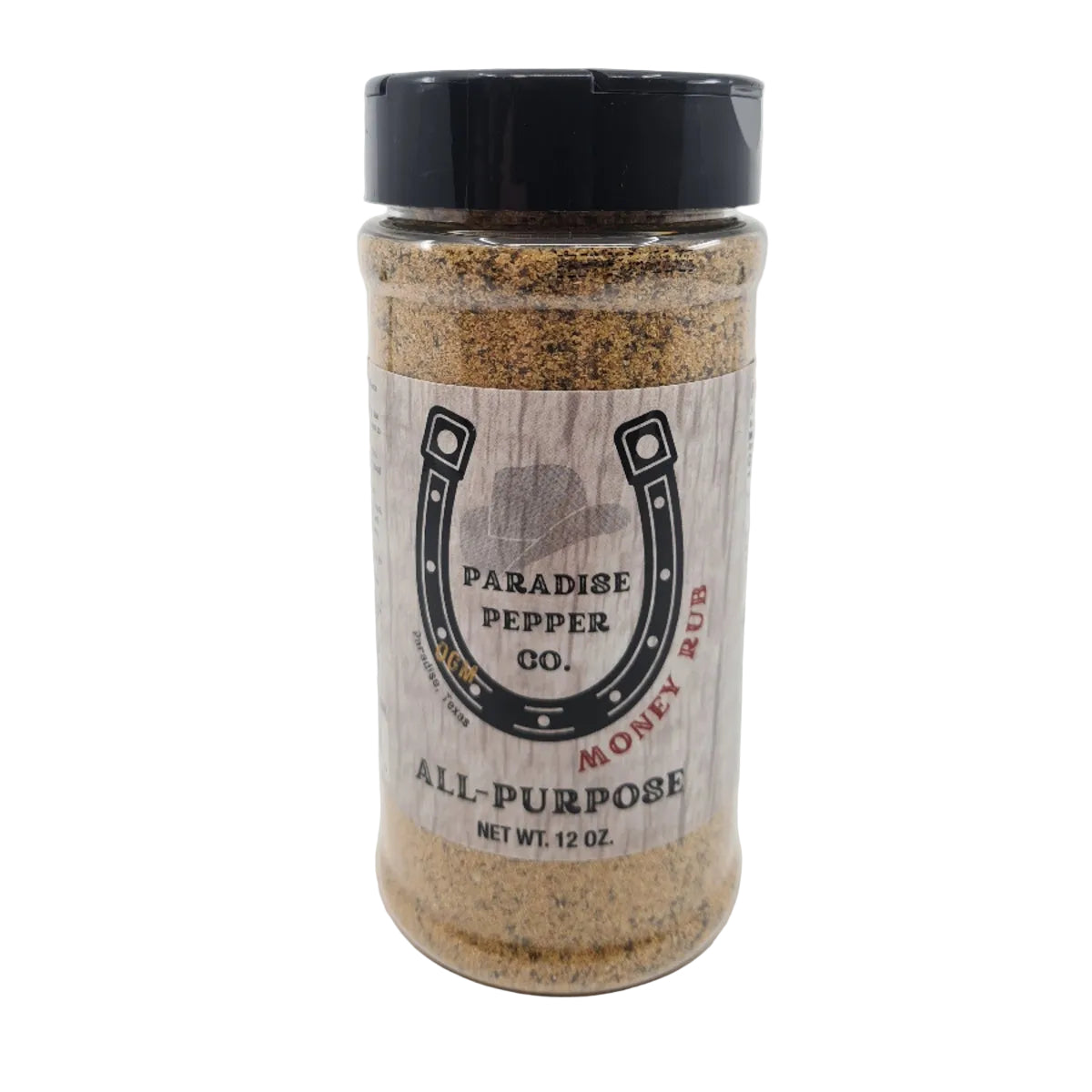 En 12 oz. krukke med «Money Rub All-Purpose Seasoning» fra Paradise Pepper Co, en allsidig krydderblanding som er ideell som grillkrydder, leveres med et svart lokk og har et unikt hestesko-motiv på etiketten.