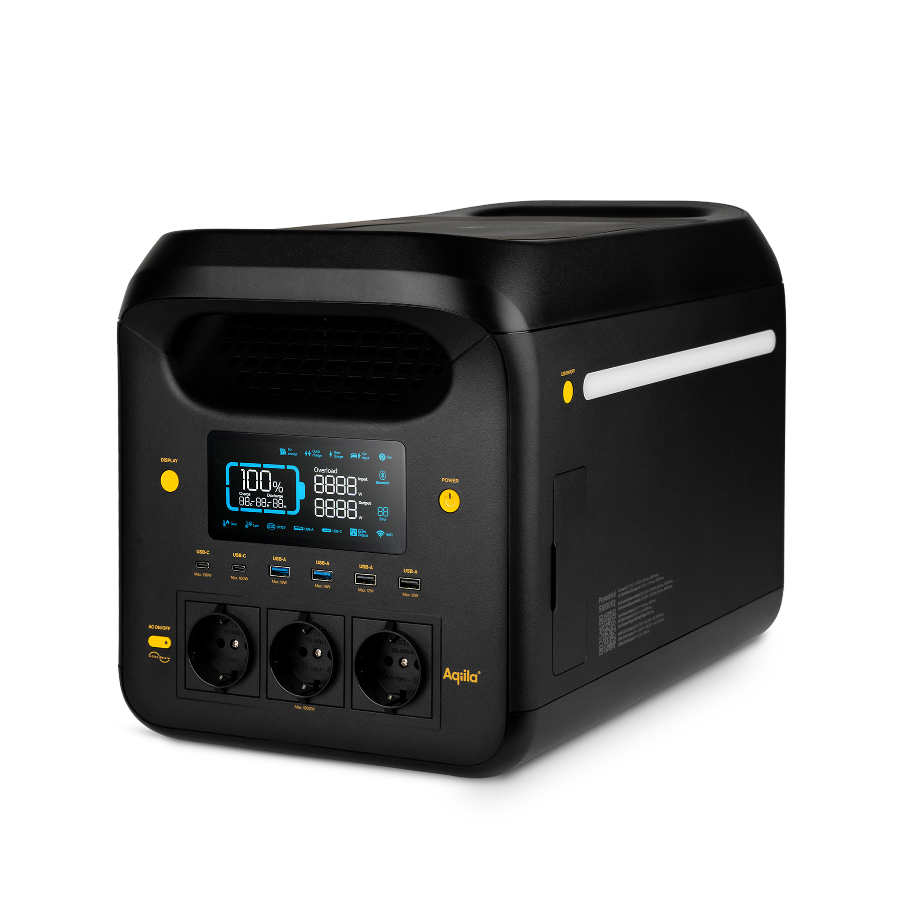 Aqiila Powerbird S1800 v2 - Kraftstasjon nødbatteri fra Aqiila er en svart, bærbar kraftstasjon med flere uttak, USB-porter og en digital batteridisplay, vist mot en hvit bakgrunn.