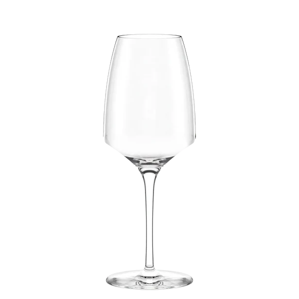 Et klart, tomt Stölzle Lausits Experience rødvinsglass (450 ml) med lang stilk og svakt buet skål, vist mot en vanlig hvit bakgrunn.
