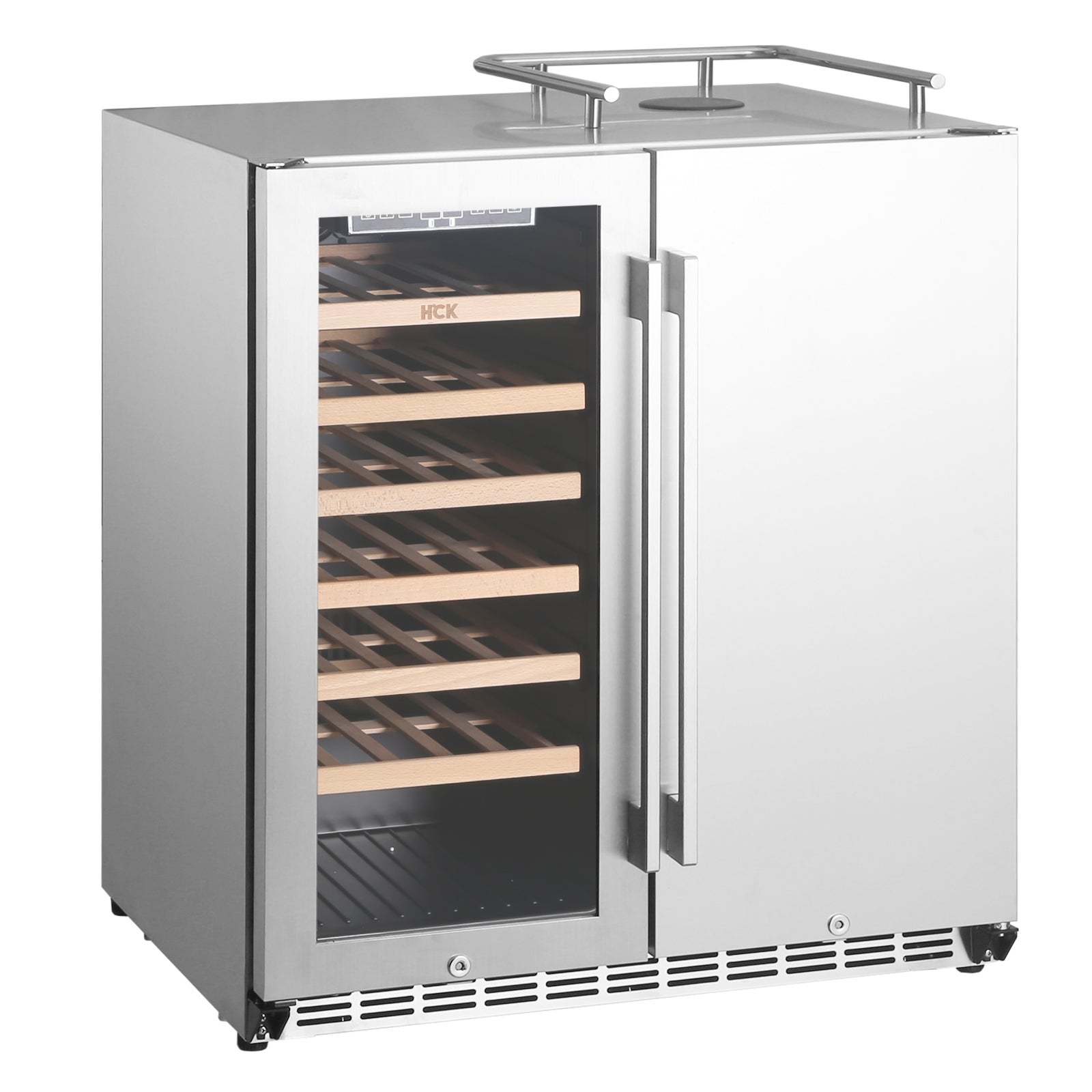 HCK Vinskap & Kegerator - Kun kjøleskap uten tårn har en stilig finish i rustfritt stål, glassdør og trehyller - perfekt for utstilling og oppbevaring av flasker i alle moderne vinentusiasters rom.