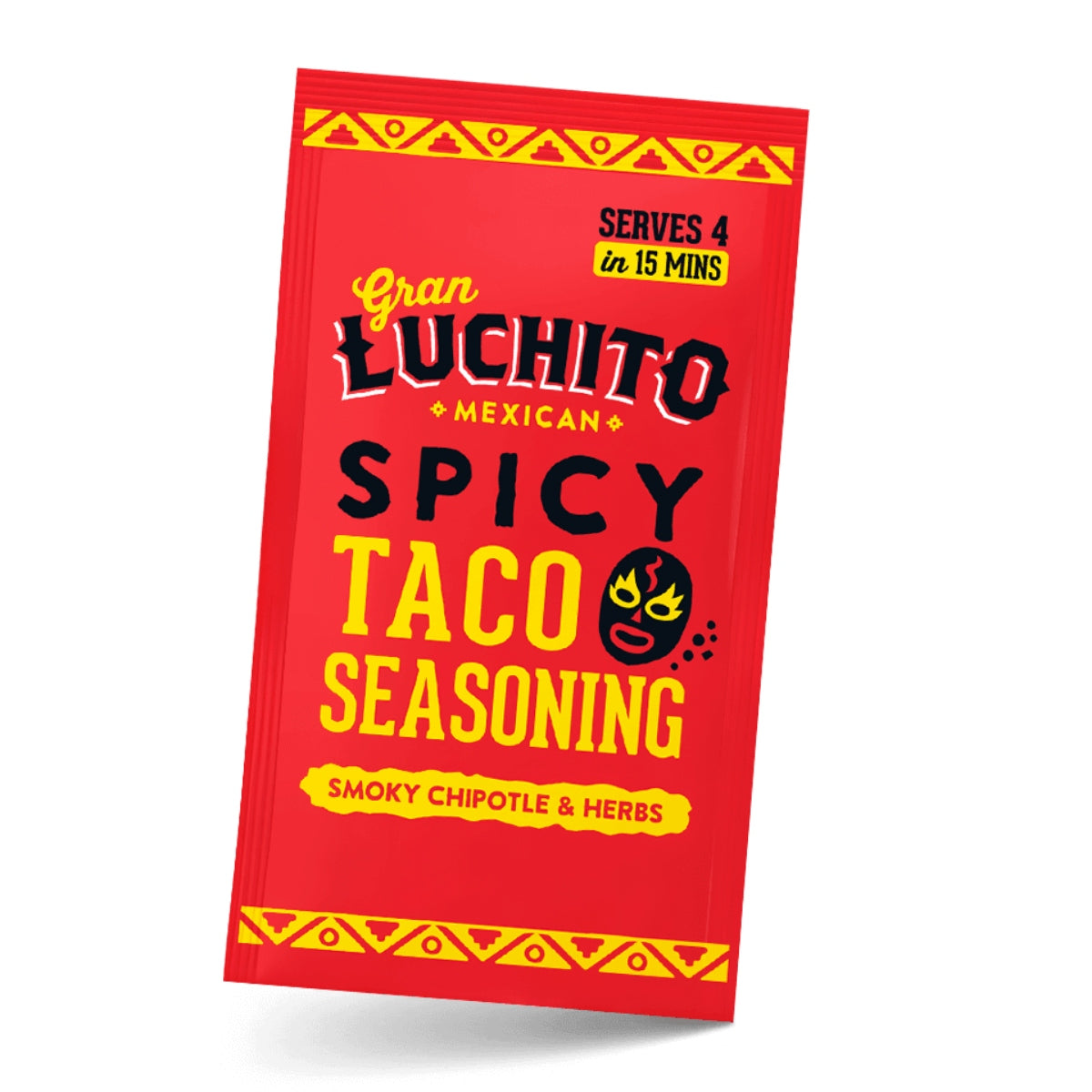 Gran Luchito Spicy Taco Seasoning 28 g, i en rød pakke, passer til 4 personer og gir røykfylt chipotle- og urtesmak til tacos på bare 15 minutter.