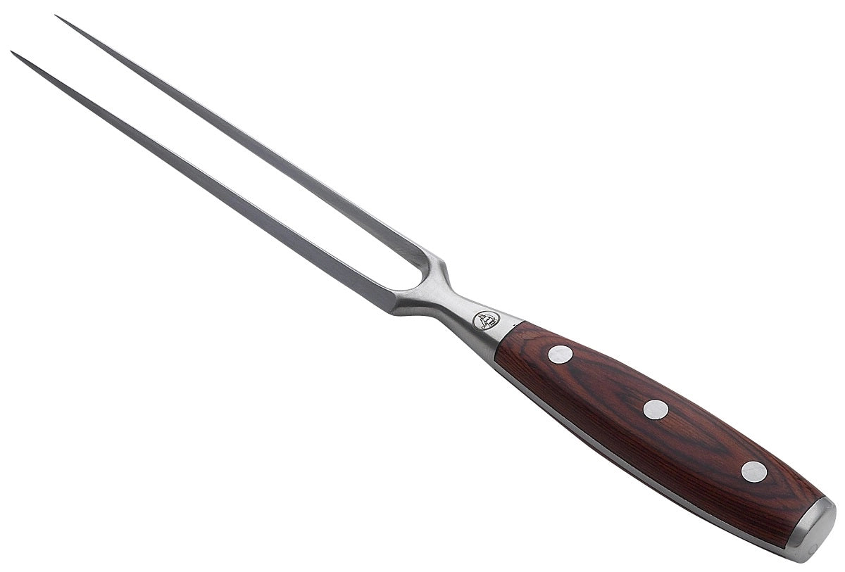 Messermeister Avanta Stekegaffel & Utskjæringskniv har to lange tenner og et trippelnaglet trehåndtak, laget av rustfritt stål for økt holdbarhet.