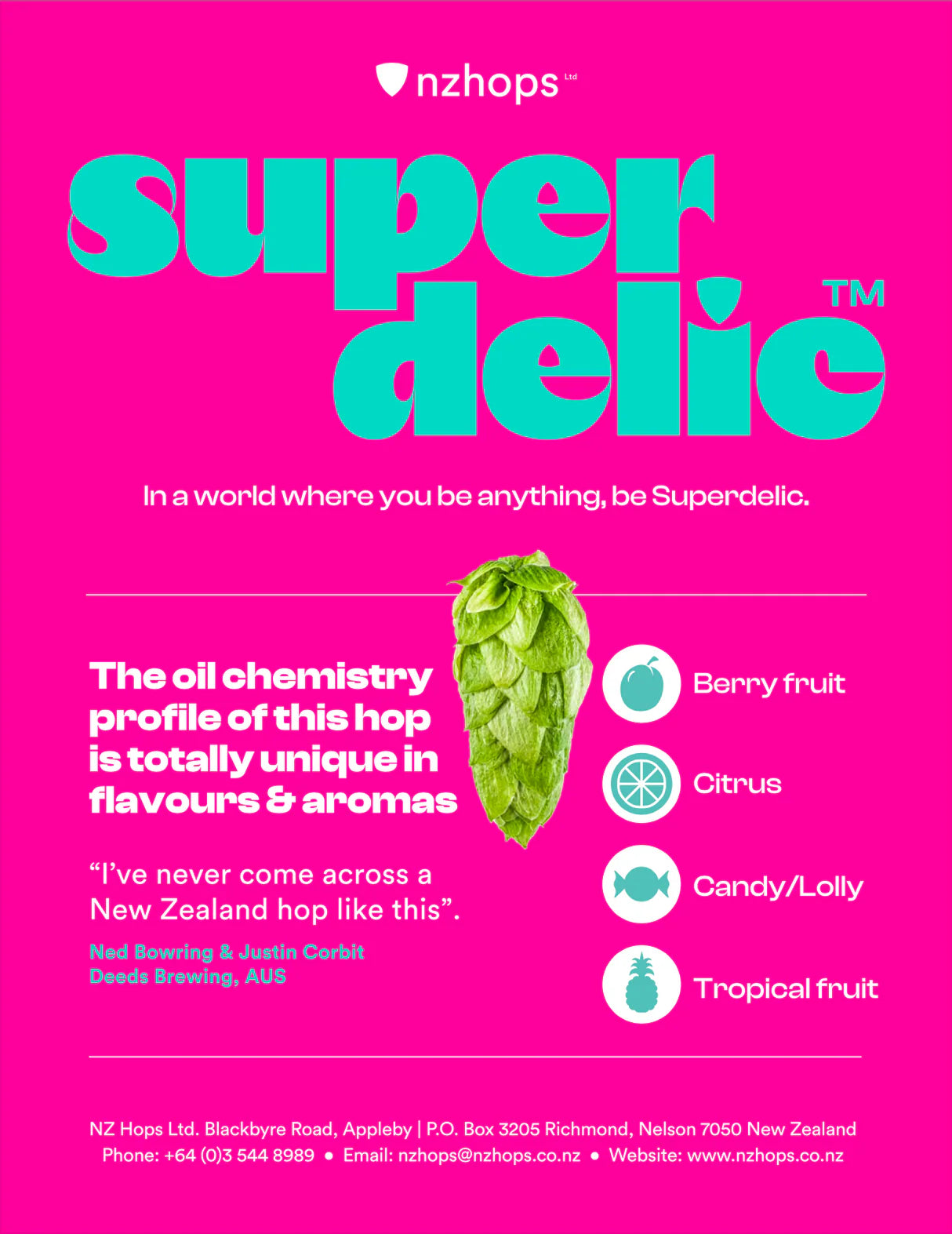 A vibrant NZ Hops ad shows a green hop cone and bold turquoise-white text on pink, highlighting Superdelic 100G Humle Pellets (10,1%) 2024—a New Zealand aromahumle with berry, citrus, candy, and tropical fruit notes.