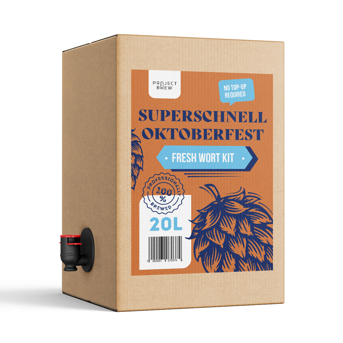 En pappeske merket «Superschnell Oktoberfest – 20L Fresh Wort Kit», med en tappekran på venstre side og inspirert av håndverket fra Amundsen Bryggeri, har en kapasitet på 20 liter angitt på forsiden og bruker High Voltage-kveik for en autentisk bryggeopplevelse.