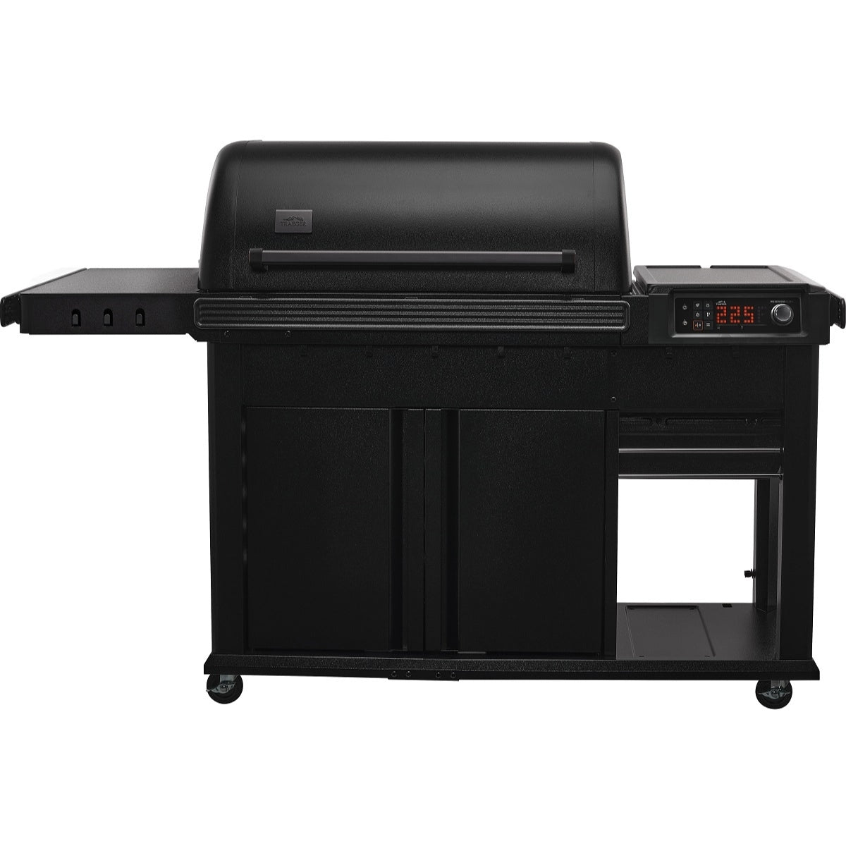 Traeger Woodridge Elite Pelletsgrill med WiFIRE-teknologi, digitalt kontrollpanel, sidehylde, oppbevaringsskap i bunden og fire hjul for nem mobilitet.