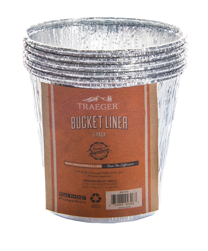 Traeger Bucket Liner 5-Pack - Dryppbøtte fra Traeger har fem aluminiumsforinger med brun etikett - ideelt grilltilbehør for enkel og praktisk fettoppsamling i dryppbøtten.