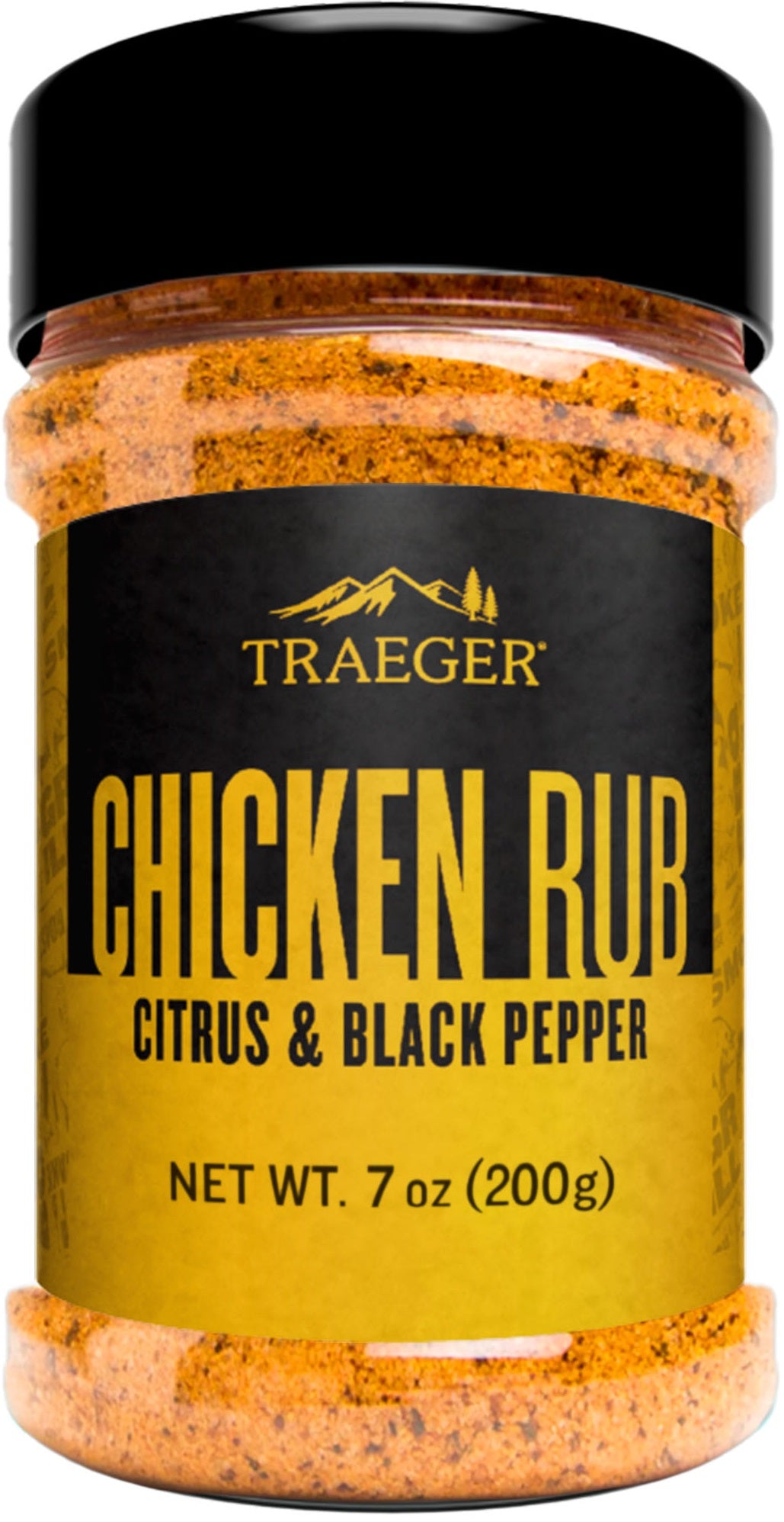 Traeger Chicken Rub 200g fra Traeger er en krydderblanding med sitrus og svart pepper til kylling, i en krukke med svart lokk og gul etikett.