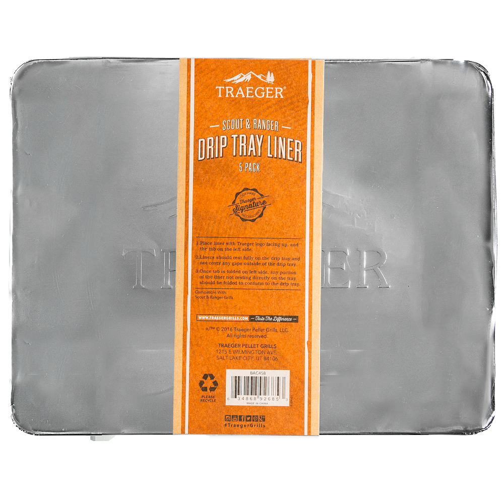 Traeger Drip Tray Liner Ranger/Scout - Folieunderlag fra Traeger er et rektangulært metallbrett med aluminiumsbelegg, perfekt for enkel rengjøring av grillen.