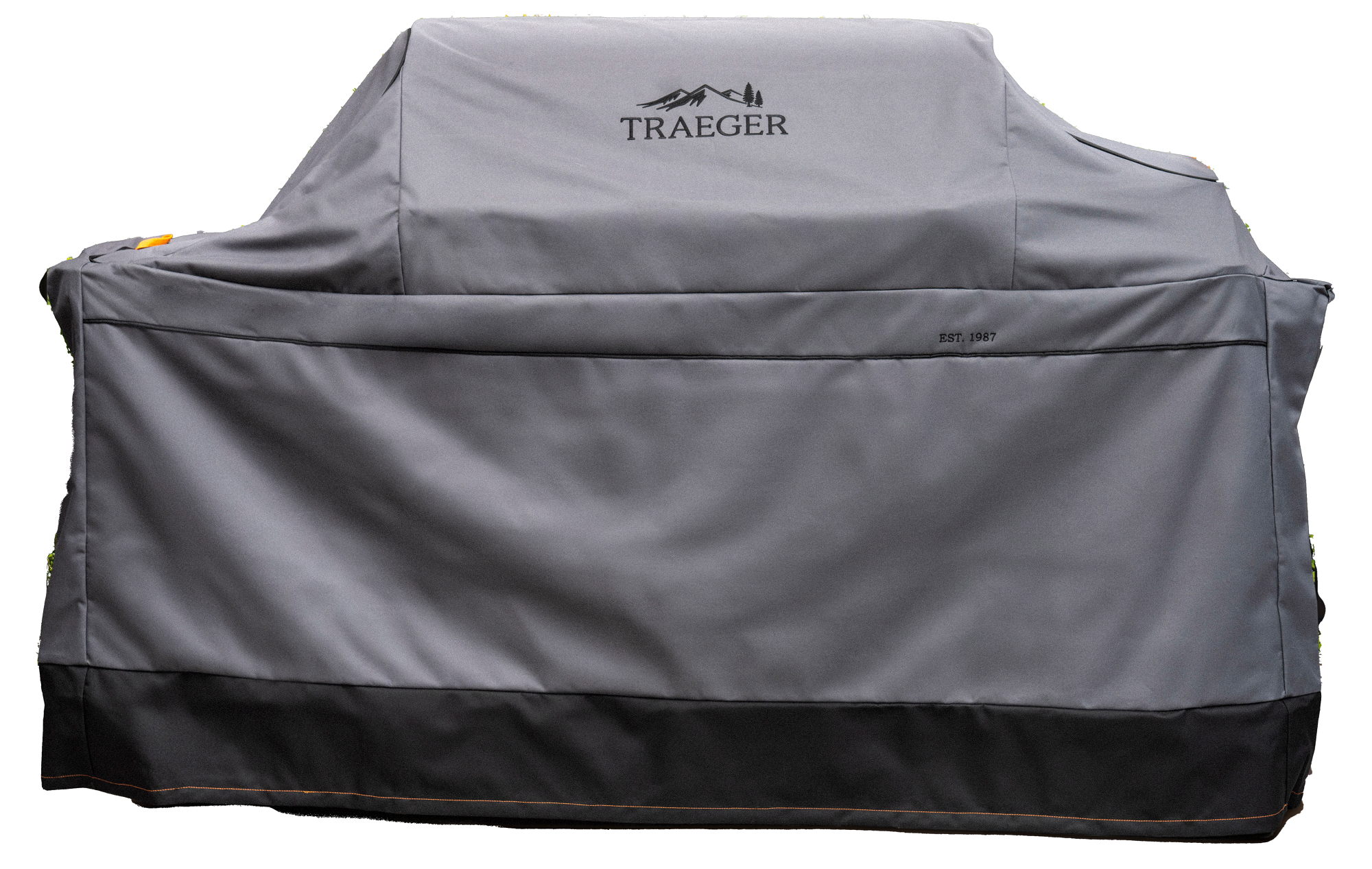 Traeger Full Length Grill Cover for Ironwood XL er et værbestandig grilltrekk med Traeger-logo og EST. 1987 på fronten, designet for å passe perfekt til utegrillen din.