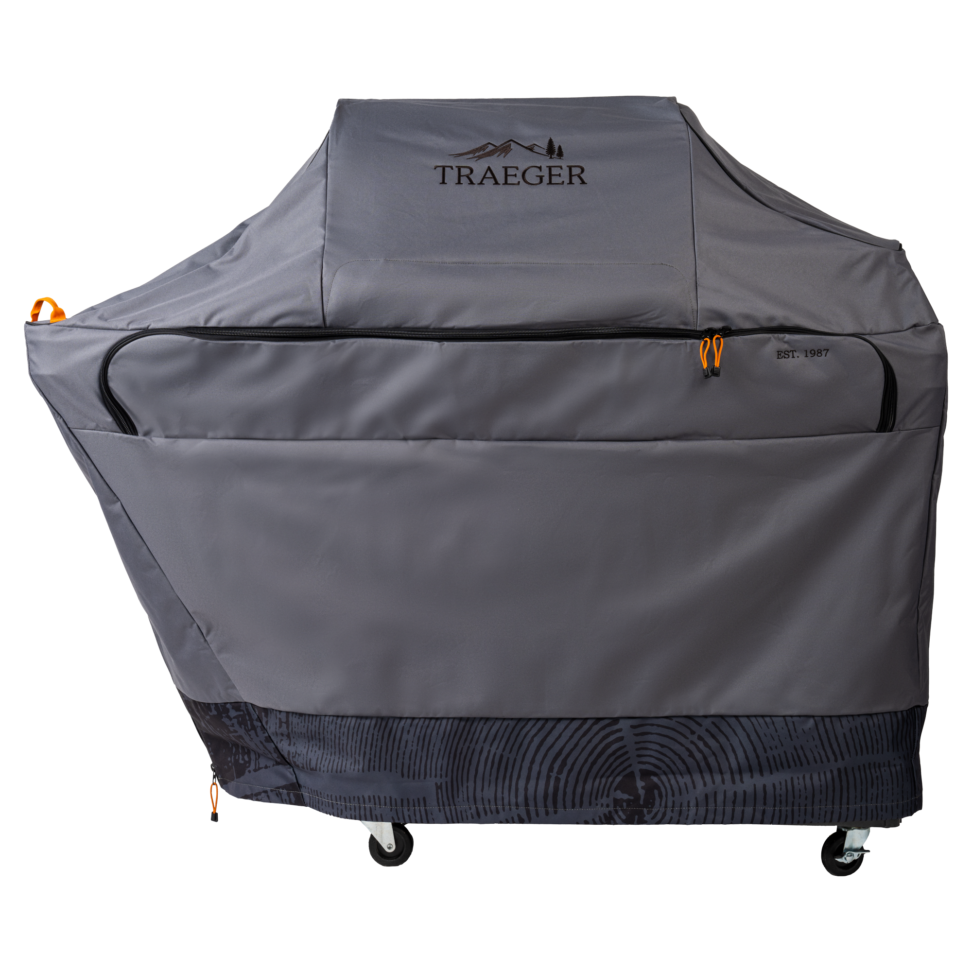 Traeger Full Length Grill Cover for Timberline L fra Traeger, vist i grått med oransje glidelåstrekk og logo på forsiden, dekker grillen og vises mot en vanlig hvit bakgrunn.